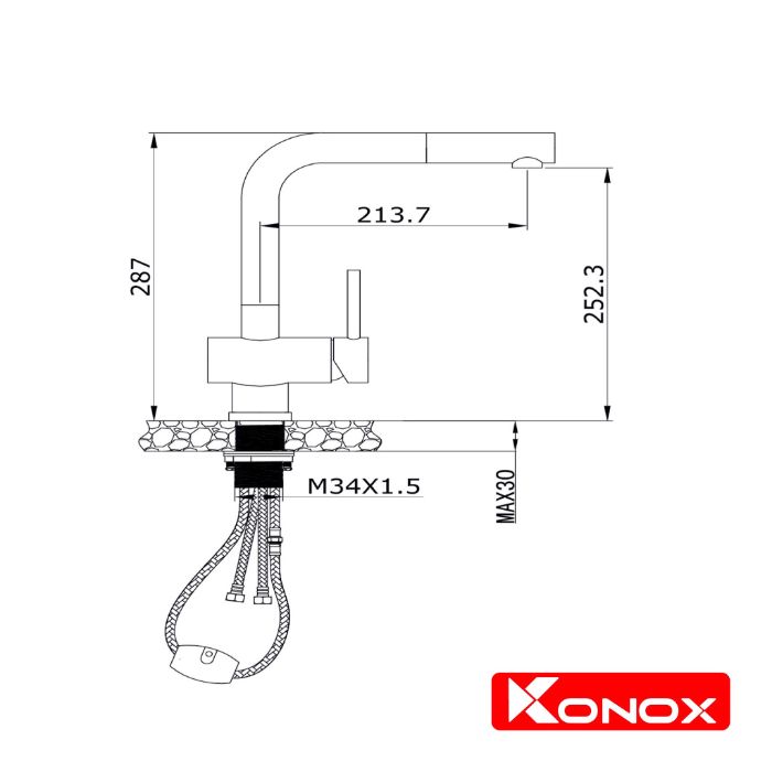 Thông số lắp đặt của vòi rửa bát dây rút Konox KN1337 