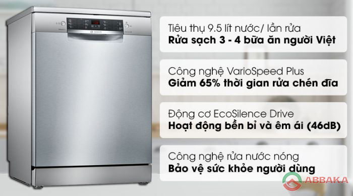 Thông tin nổi bật của máy rửa bát Bosch SMS46MI01G sáng bóng, rộng rãi